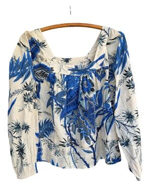 Elie Tahari Blue Floral Paisley Square-Neck Cotton Summer Blouse Size SP
